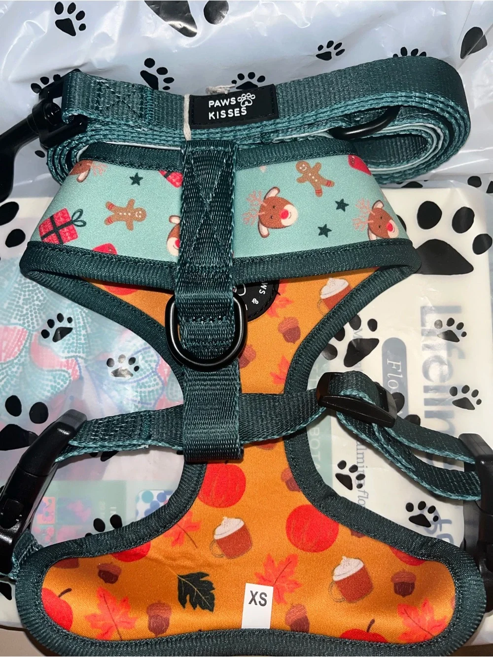 Teal/ Forest Green/ Orange double sided Winter/ Fall Dog Harness